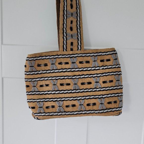 Vintage 1970's Hand Embroidered Burlap and Corduroy Purse - Picture 7 of 8